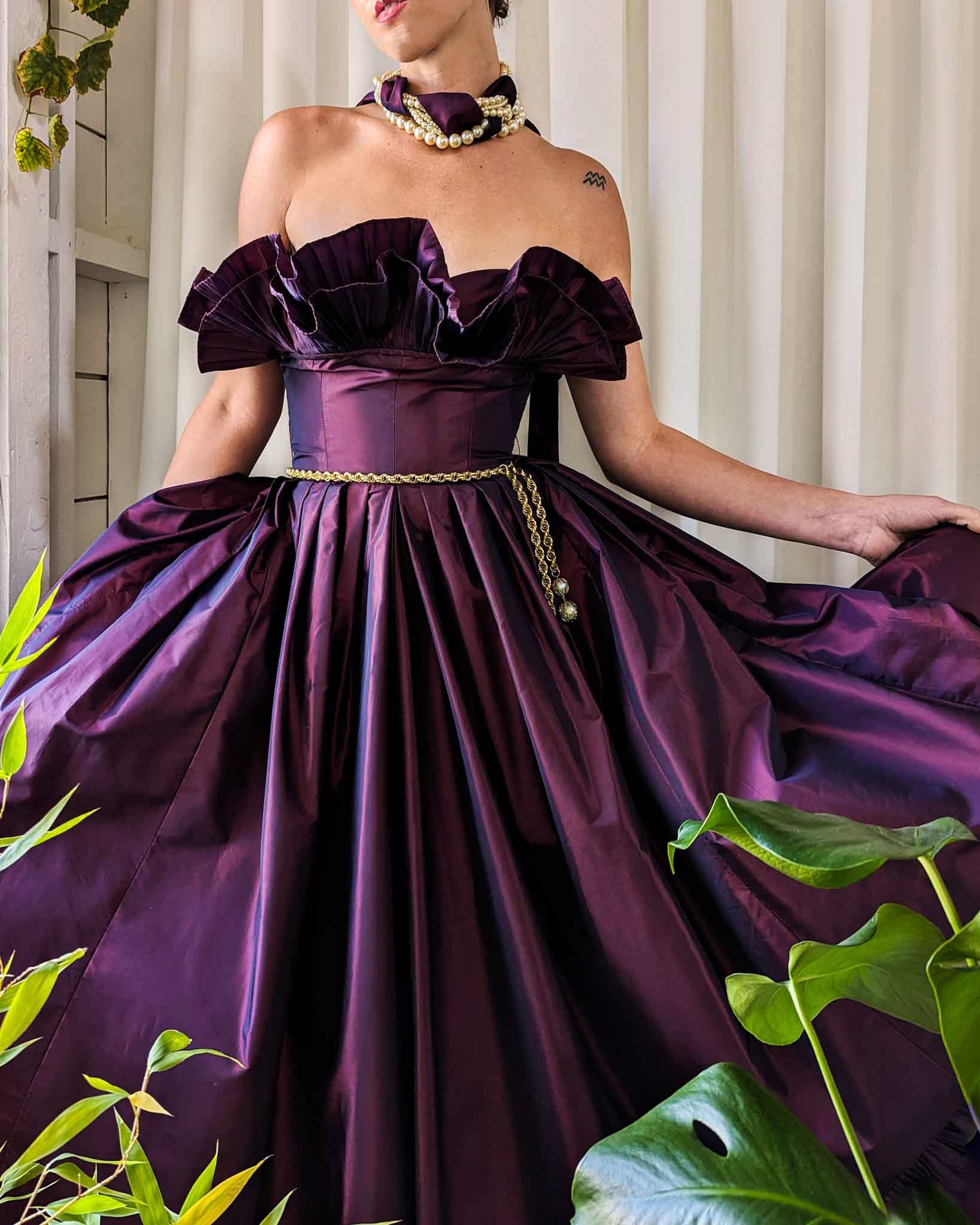 Bellville Sassoon Vintage Purple Silk Taffeta Strapless Tiered 80s Evening  Dress at 1stDibs | dawn stretton dresses, 80s ruffle dress