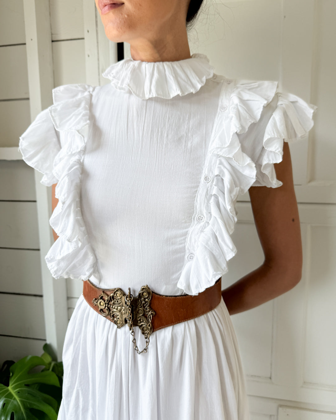 80s Cotton Ruffle Dress | S-M