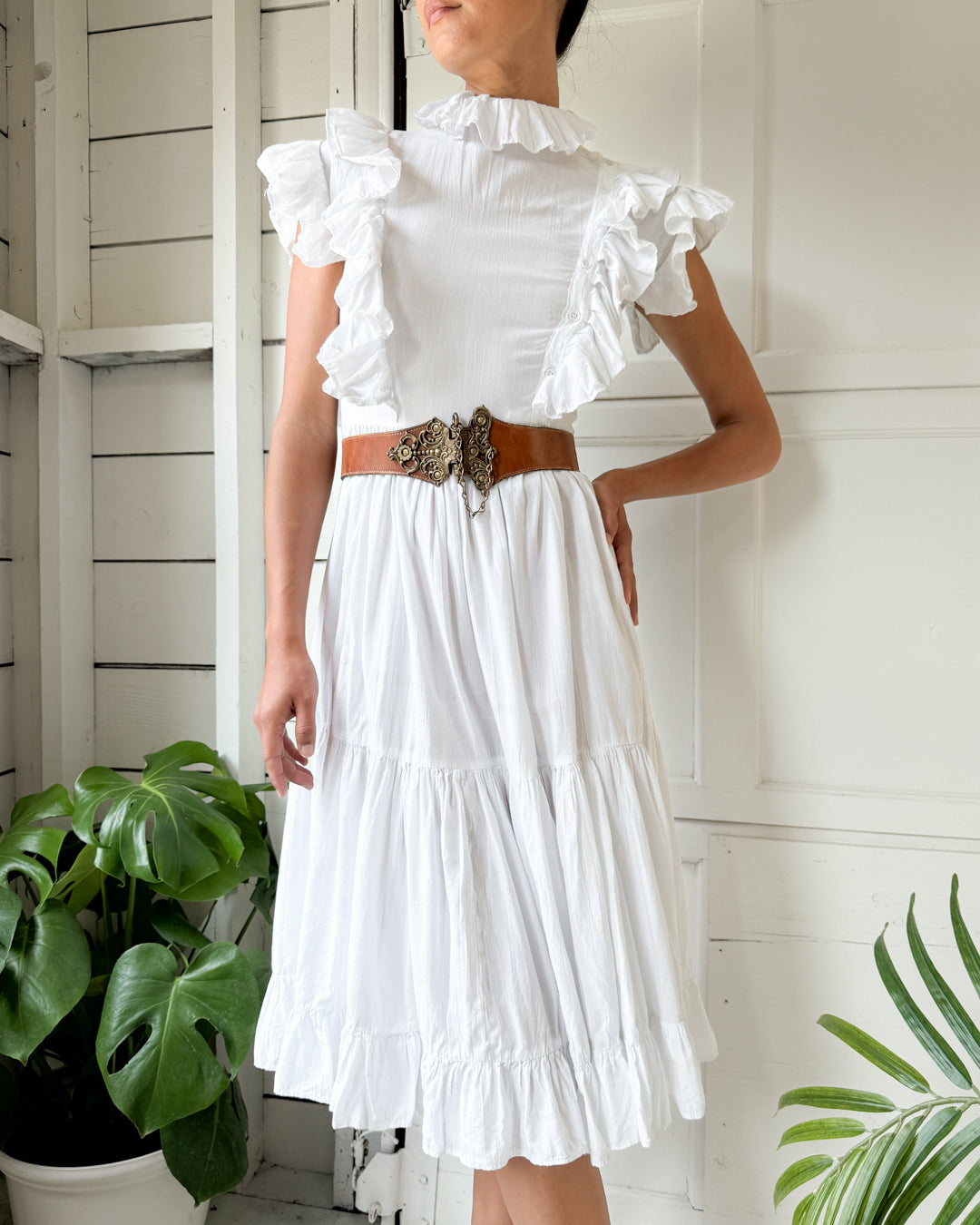 80s Cotton Ruffle Dress | S-M