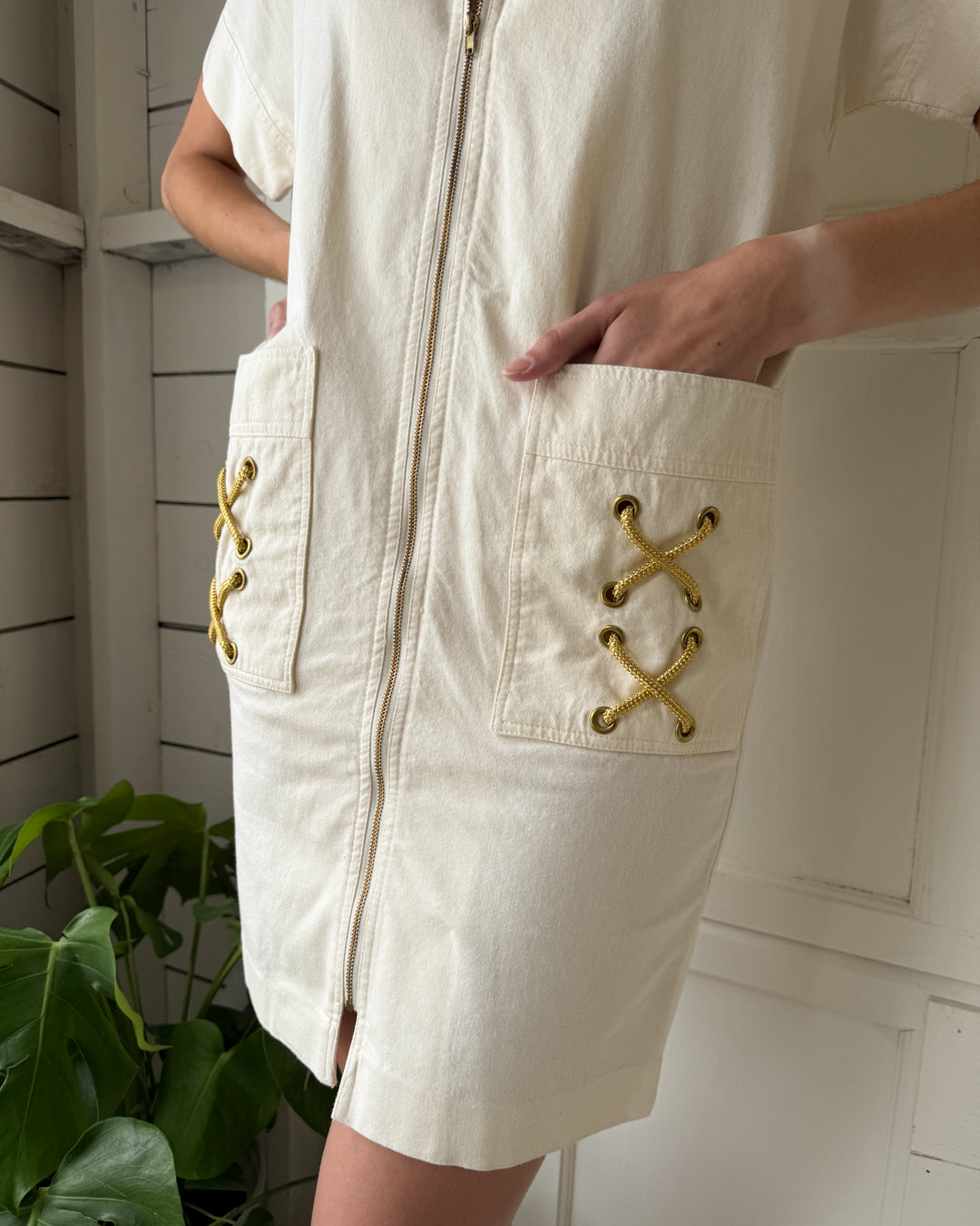 80s Zip Up Cotton Dress | M