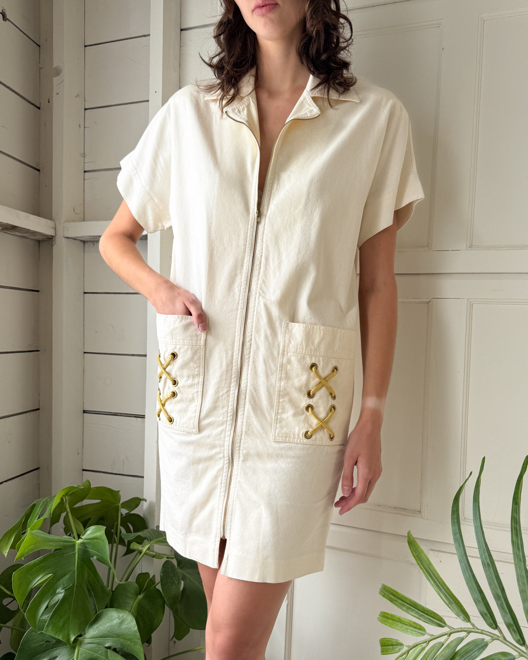 80s Zip Up Cotton Dress | M