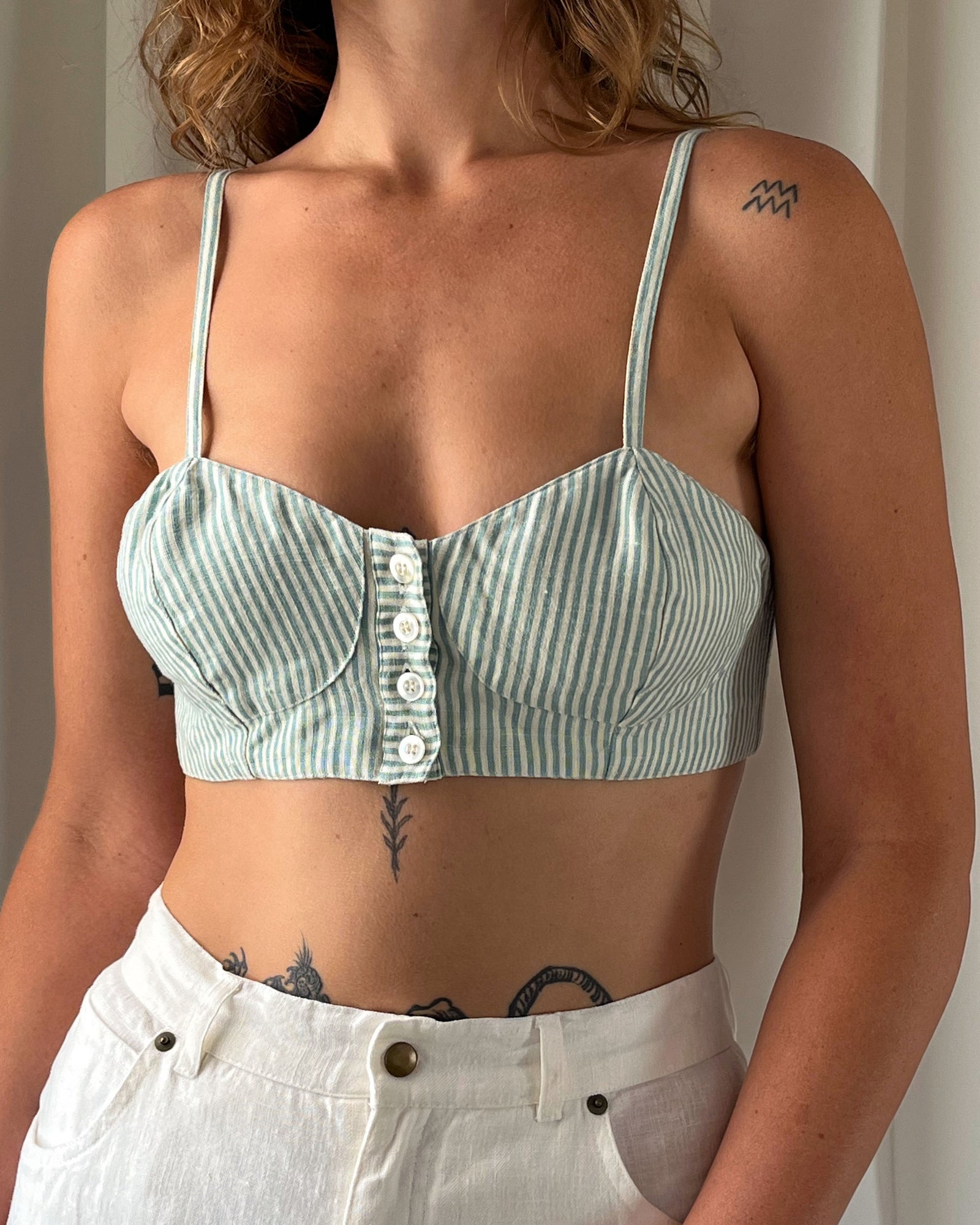 80s Linen Stripe Bra Top | M