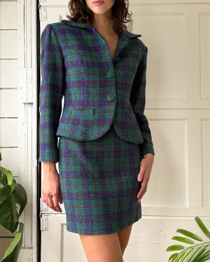 90s Plaid Wool Skirt Suit | M