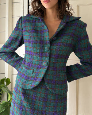 90s Plaid Wool Skirt Suit | M