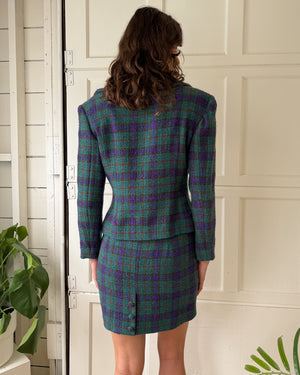 90s Plaid Wool Skirt Suit | M