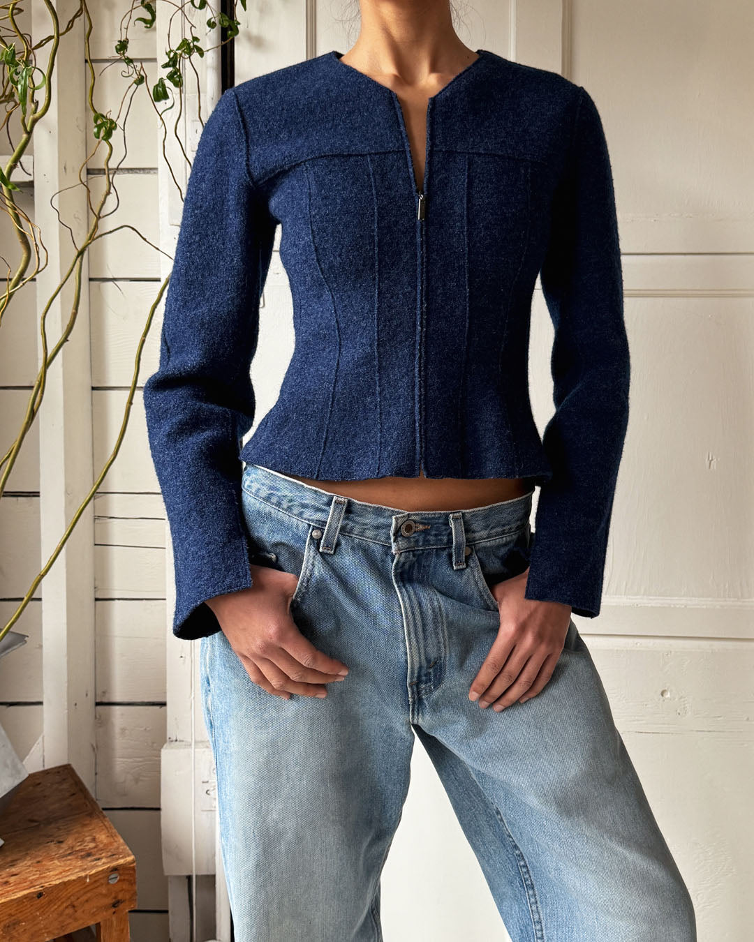 90s Chanel Navy Wool Jacket | XS