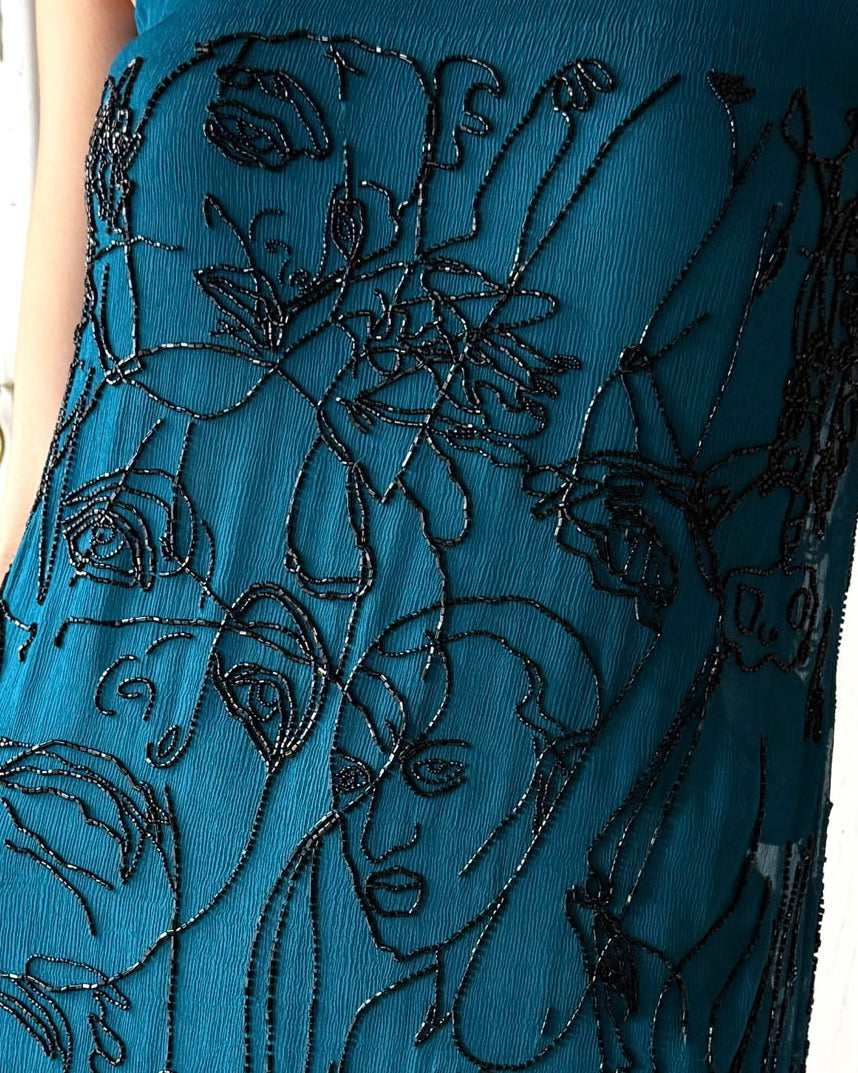 90s Gaultier Beaded Faces Silk Dress | XS-S
