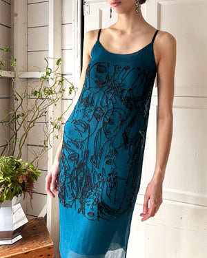 90s Gaultier Beaded Faces Silk Dress | XS-S
