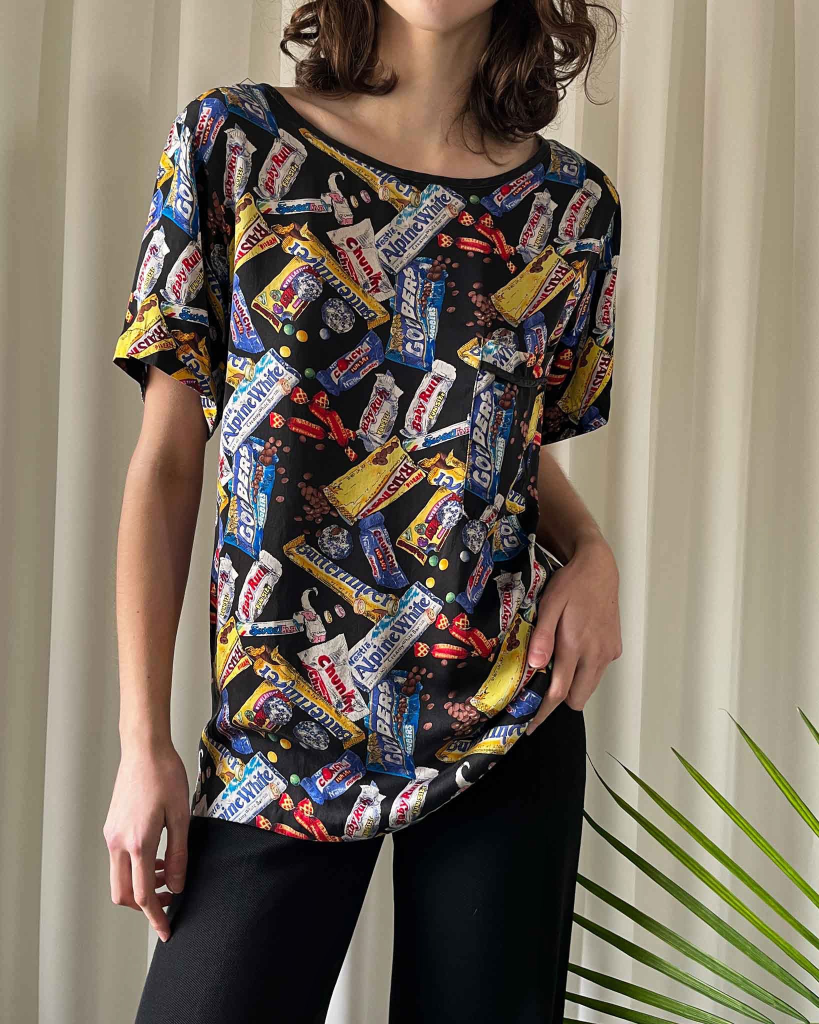 90s Nicole Miller Candy Print Silk Shirt | S-L 90s Nicole Miller Candy Print Silk Shirt | S-L