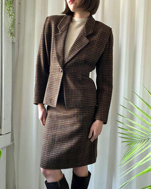 90s Houndstooth Wool Skirt Suit S Lucky Vintage