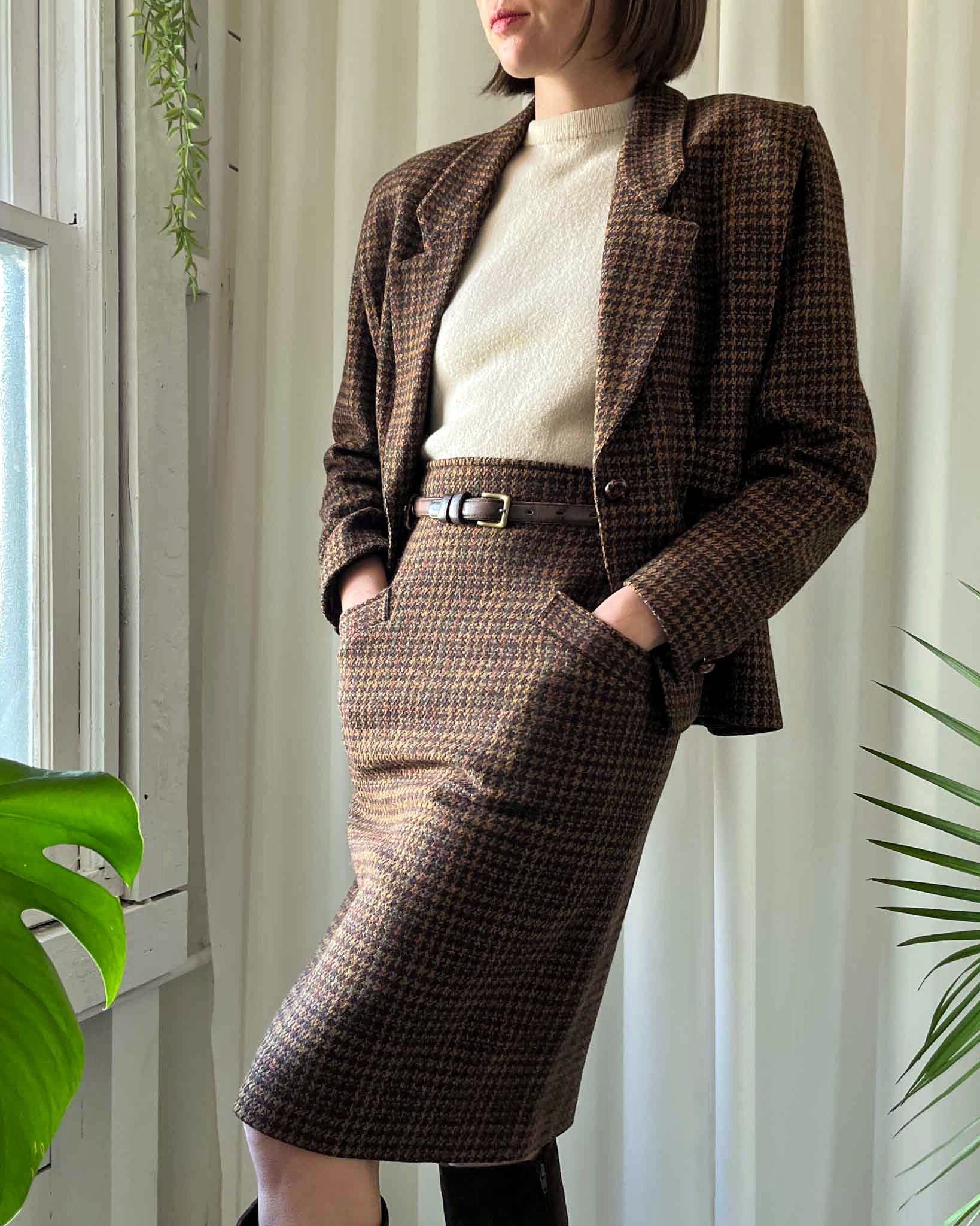 90s Houndstooth Wool Skirt Suit | S