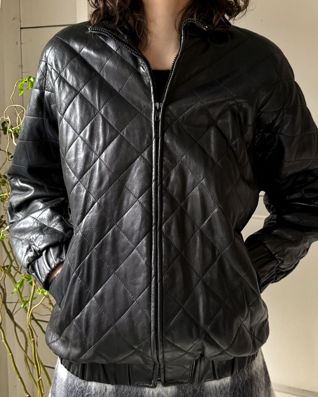 90s Quilted Leather Bomber | M