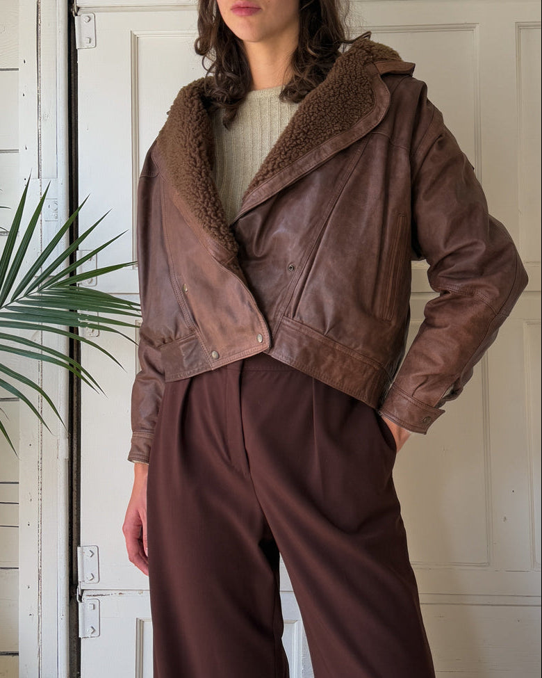 90s Cropped Brown Leather Sherpa Jacket | L