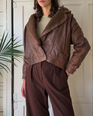 90s Cropped Brown Leather Sherpa Jacket | L