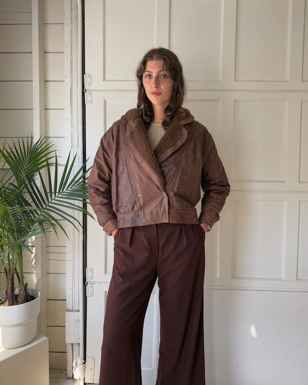 90s Cropped Brown Leather Sherpa Jacket | L - Lucky Vintage