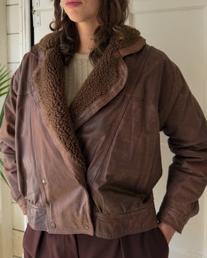 90s Cropped Brown Leather Sherpa Jacket | L
