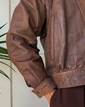 90s Cropped Brown Leather Sherpa Jacket | L