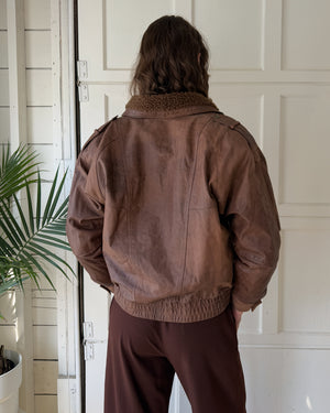 90s Cropped Brown Leather Sherpa Jacket | L
