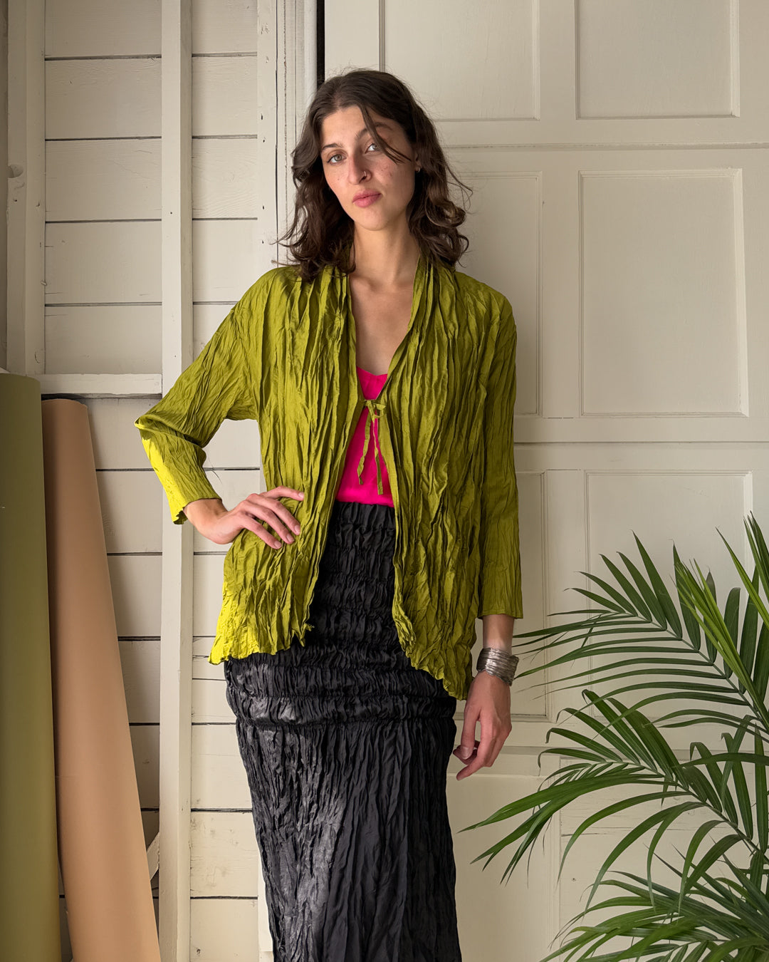 90s Chartreuse Crinkle Silk Jacket | M
