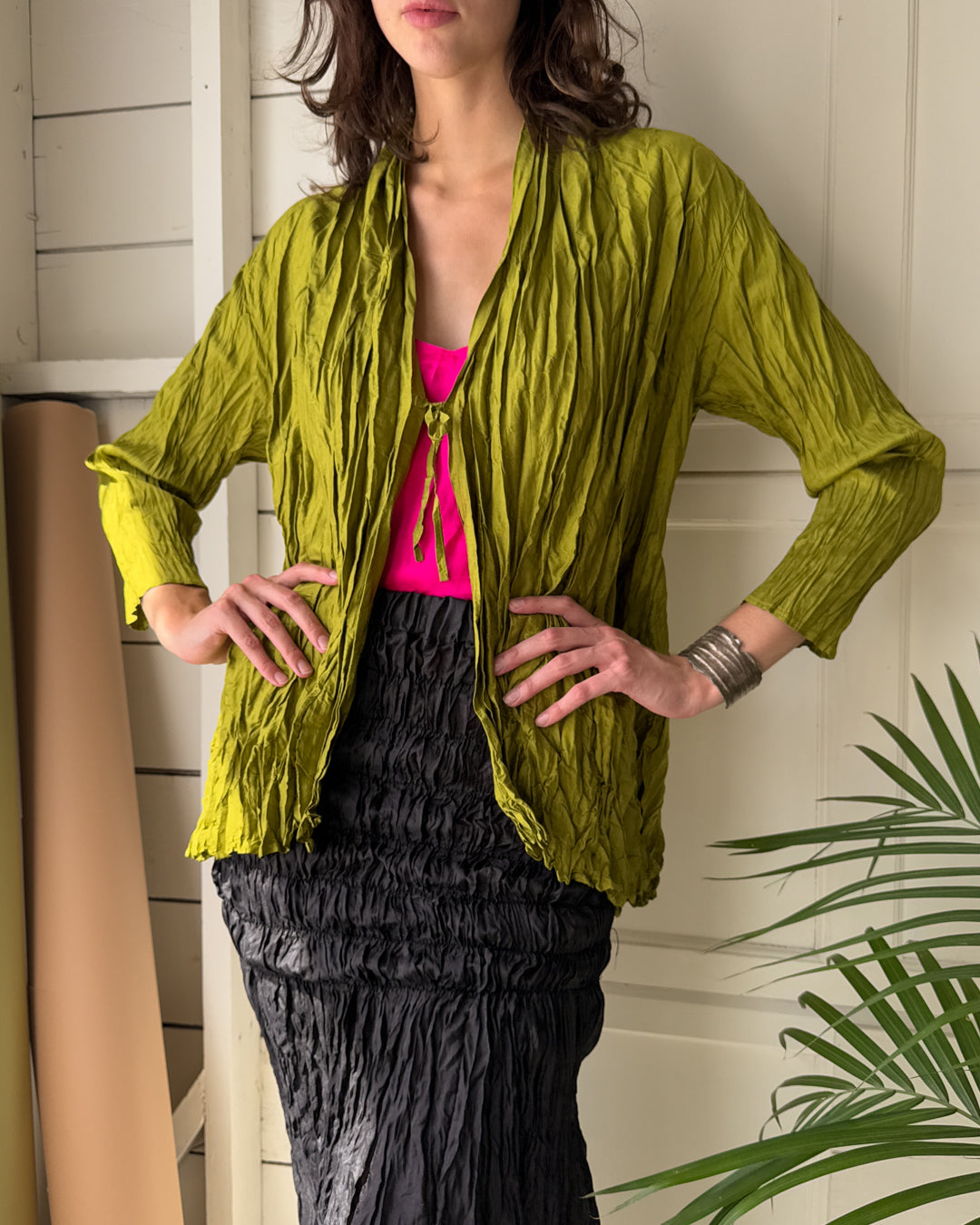 90s Chartreuse Crinkle Silk Jacket | M - Lucky Vintage