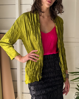 90s Chartreuse Crinkle Silk Jacket | M