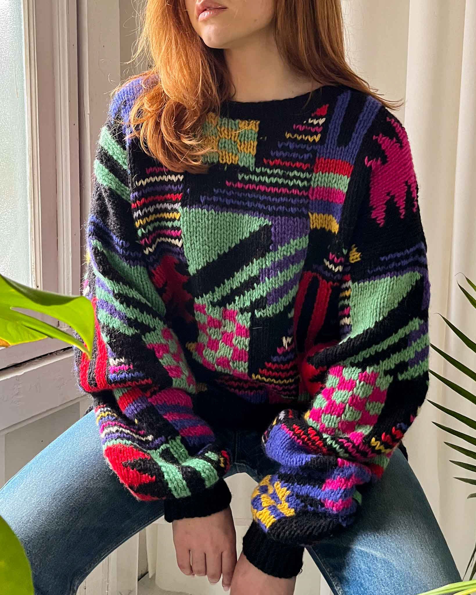 90s Colorful Wool Sweater M-XL Lucky Vintage