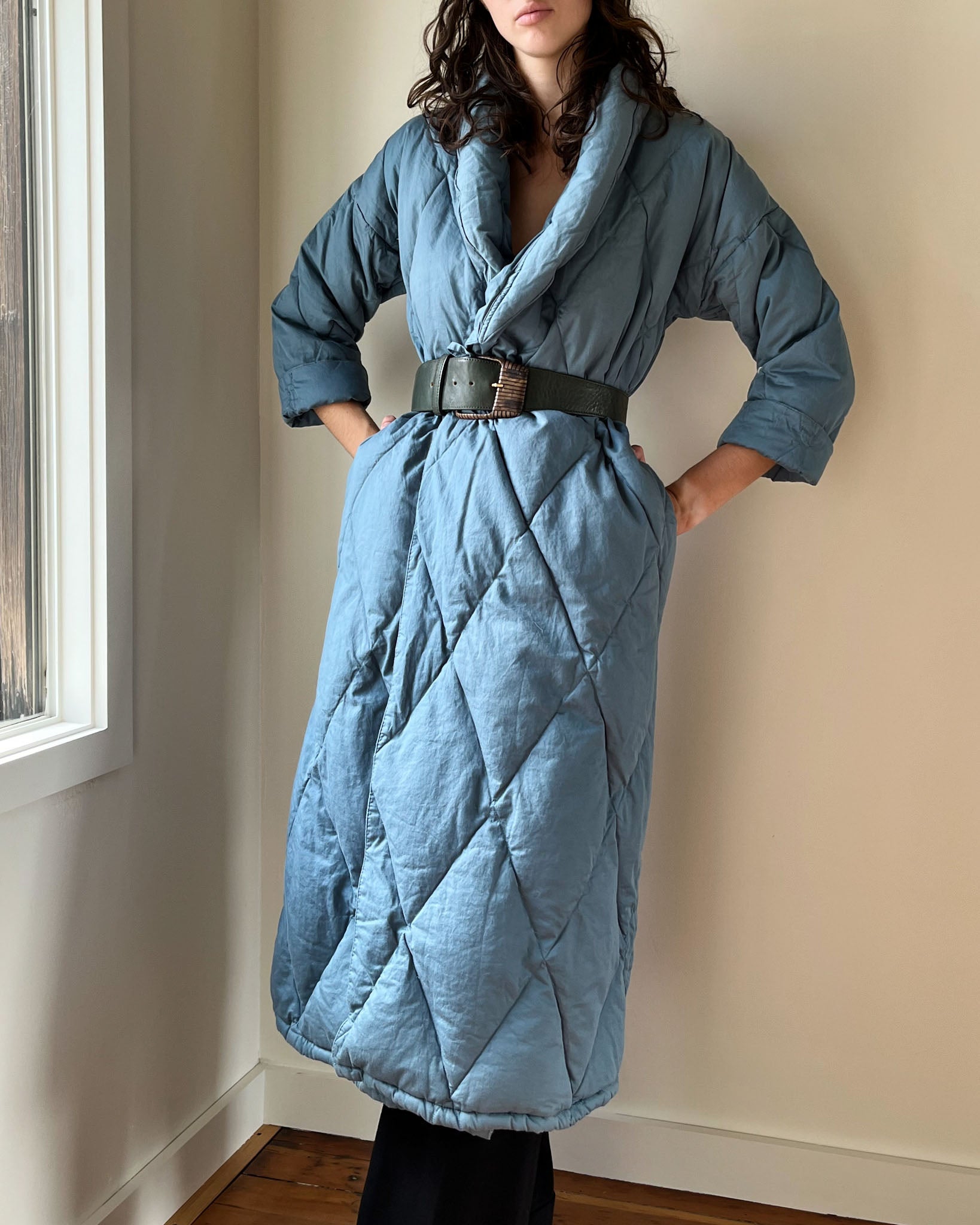 90s Blue Quilted Down Robe | XS-M