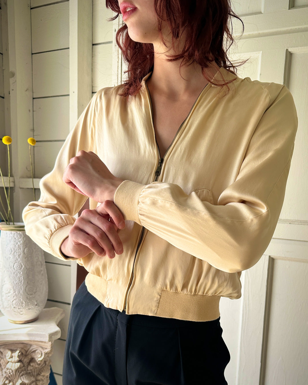 00s Vanilla Silk Bomber Jacket | M