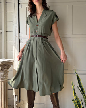 80s Green Silk Shirt Dress | S