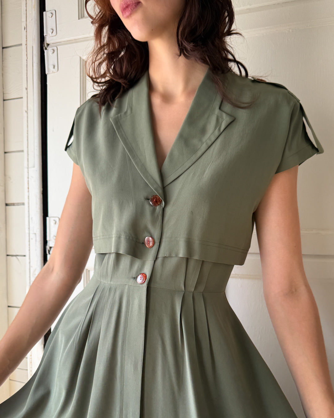 80s Green Silk Shirt Dress | S