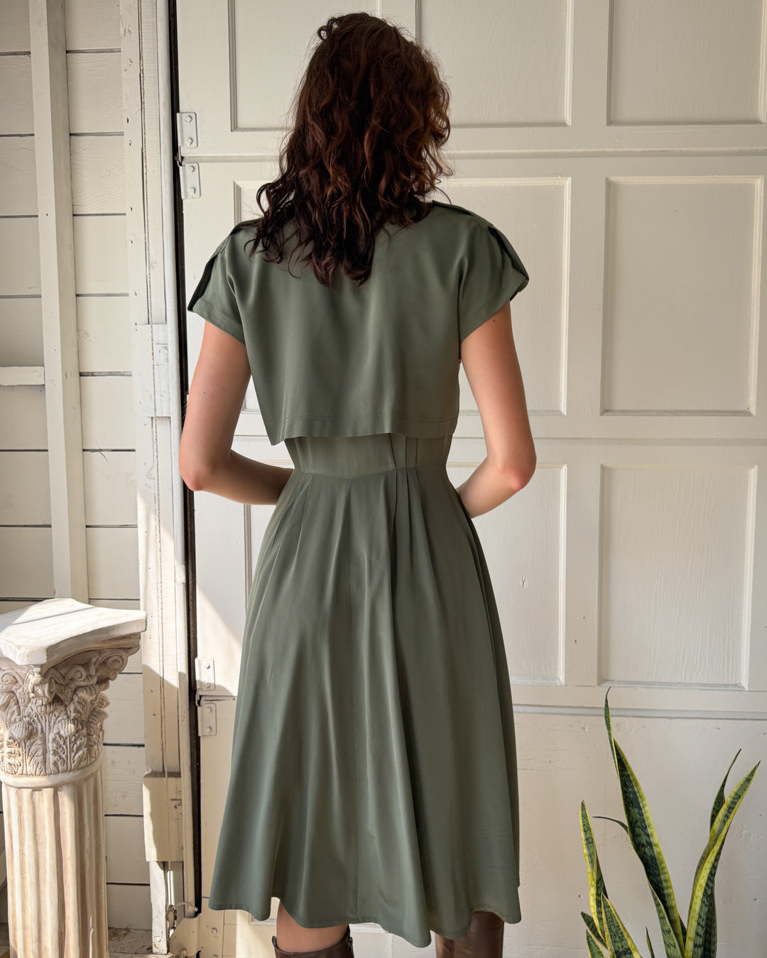 80s Green Silk Shirt Dress | S