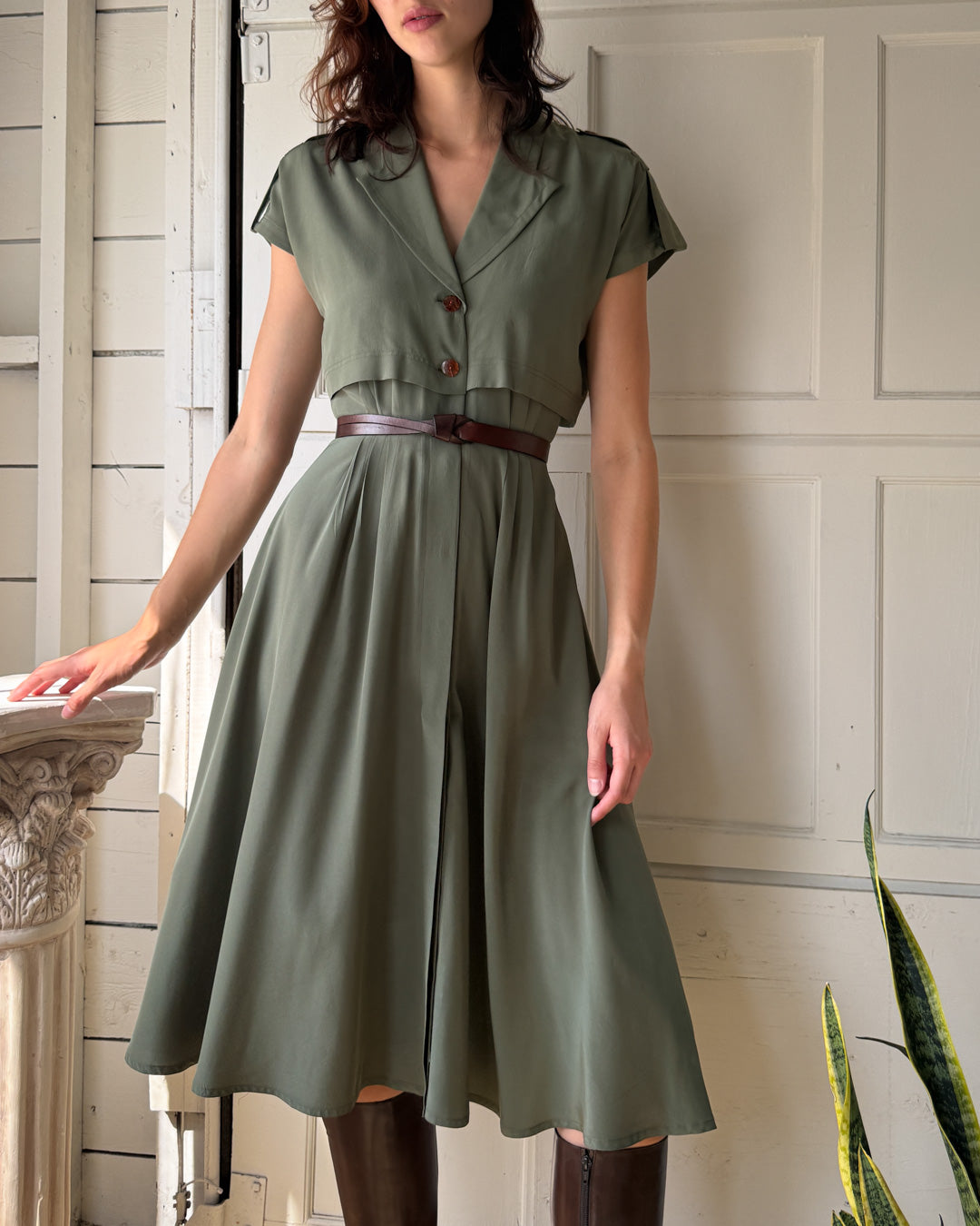 80s Green Silk Shirt Dress | S
