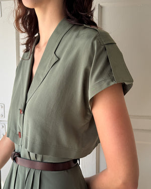 80s Green Silk Shirt Dress | S