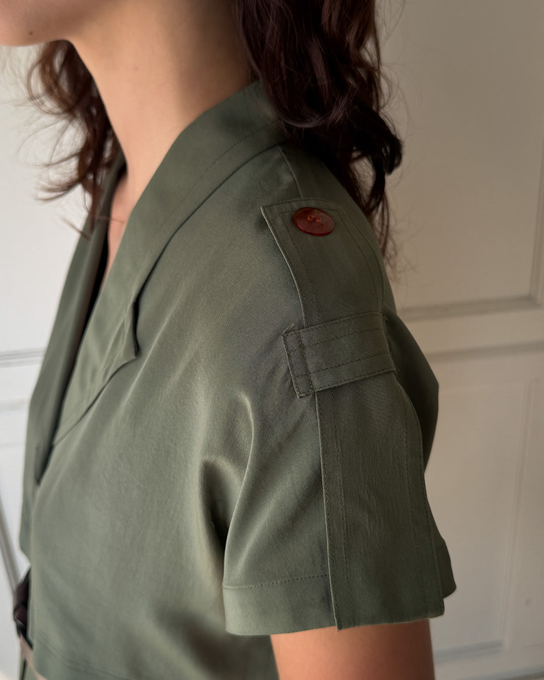 80s Green Silk Shirt Dress | S