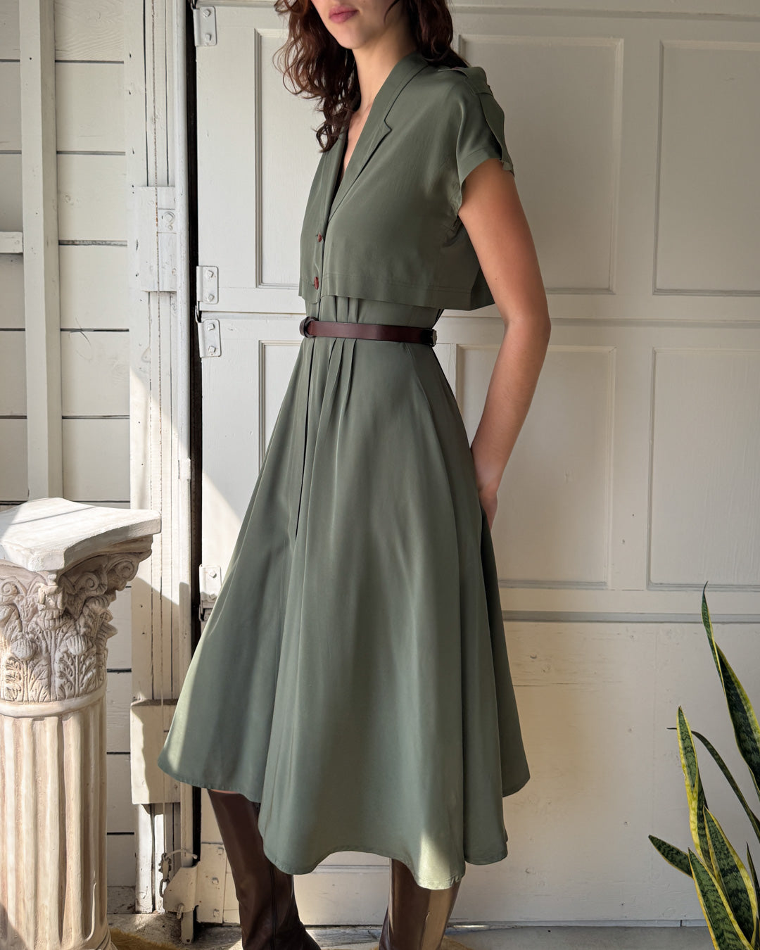80s Green Silk Shirt Dress | S