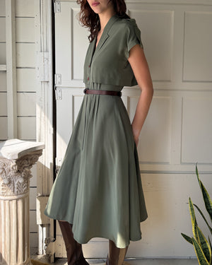 80s Green Silk Shirt Dress | S