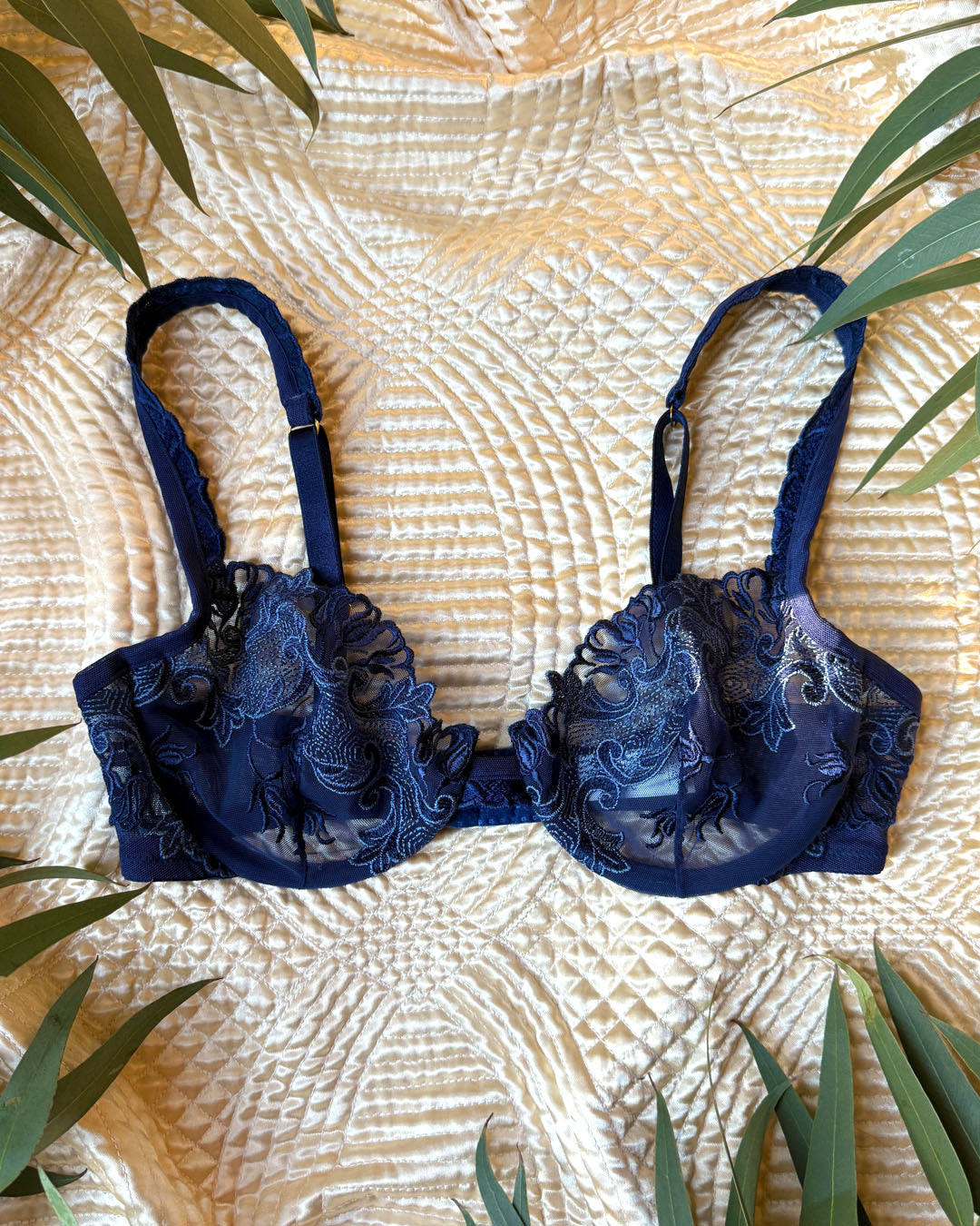 90s Blue Sheer Embroidered Bra | 34C