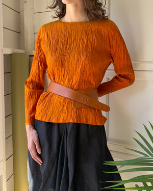90s Orange Crinkle Silk Top | M-L