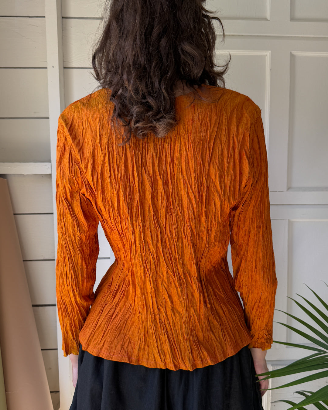 90s Orange Crinkle Silk Top | M-L