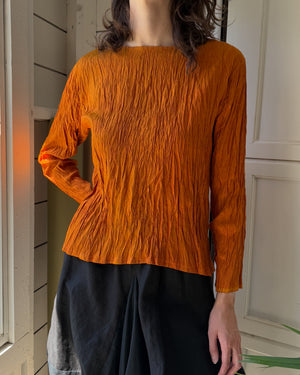 90s Orange Crinkle Silk Top | M-L