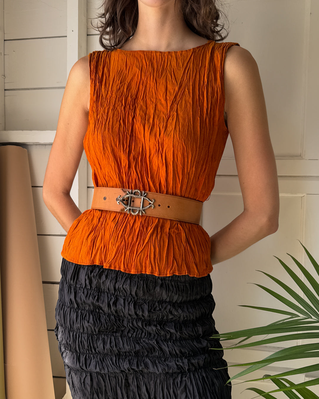 90s Orange Two-Tone Silk Top | S-M