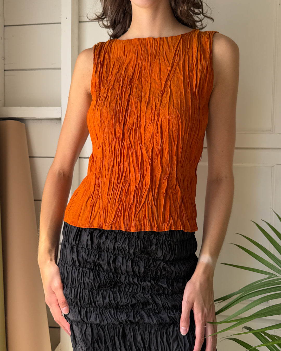 90s Orange Two-Tone Silk Top | S-M