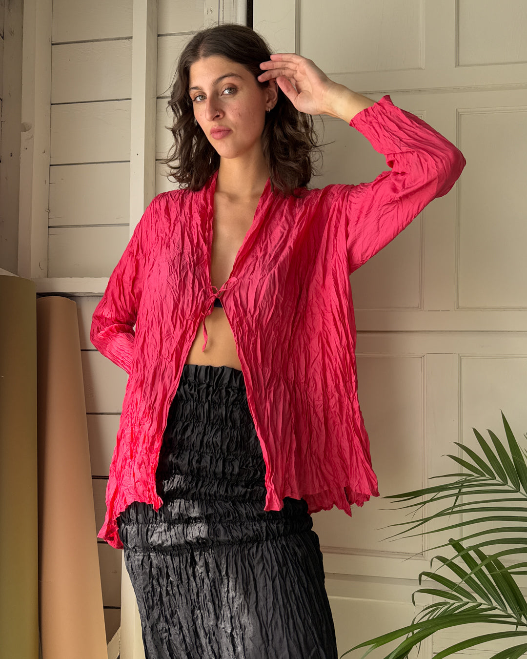 90s Magenta Crinkle Silk Jacket | S-L