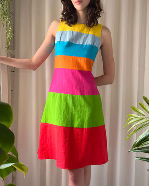 90s Rainbow Striped Linen Dress | S-M
