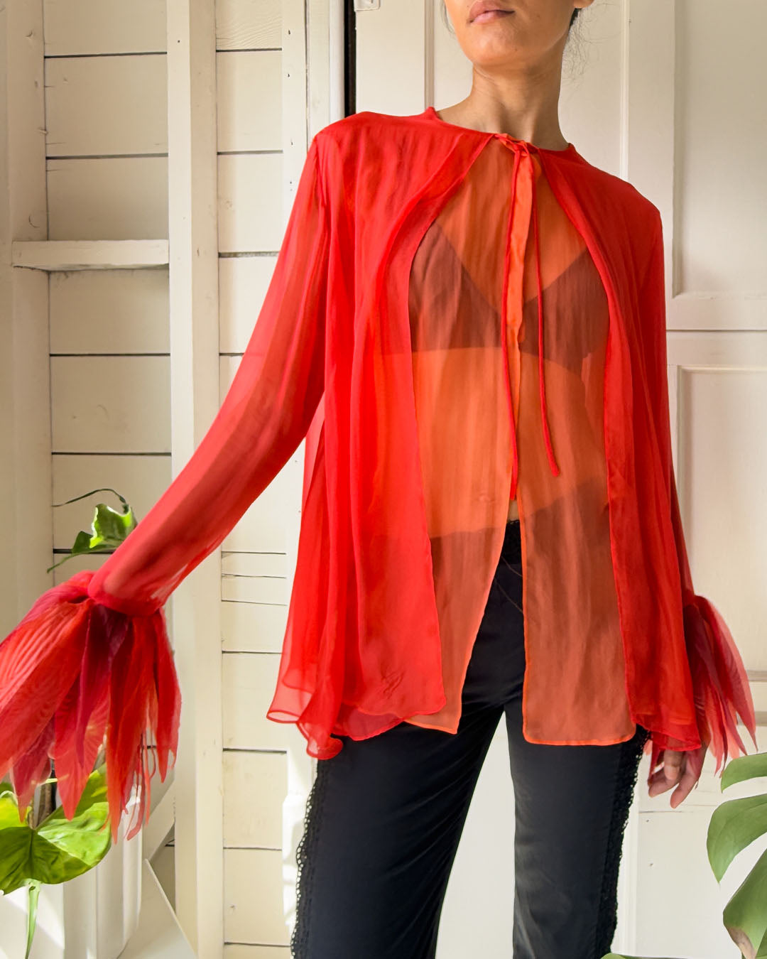 90s Sheer Silk Top With Cuffs | S