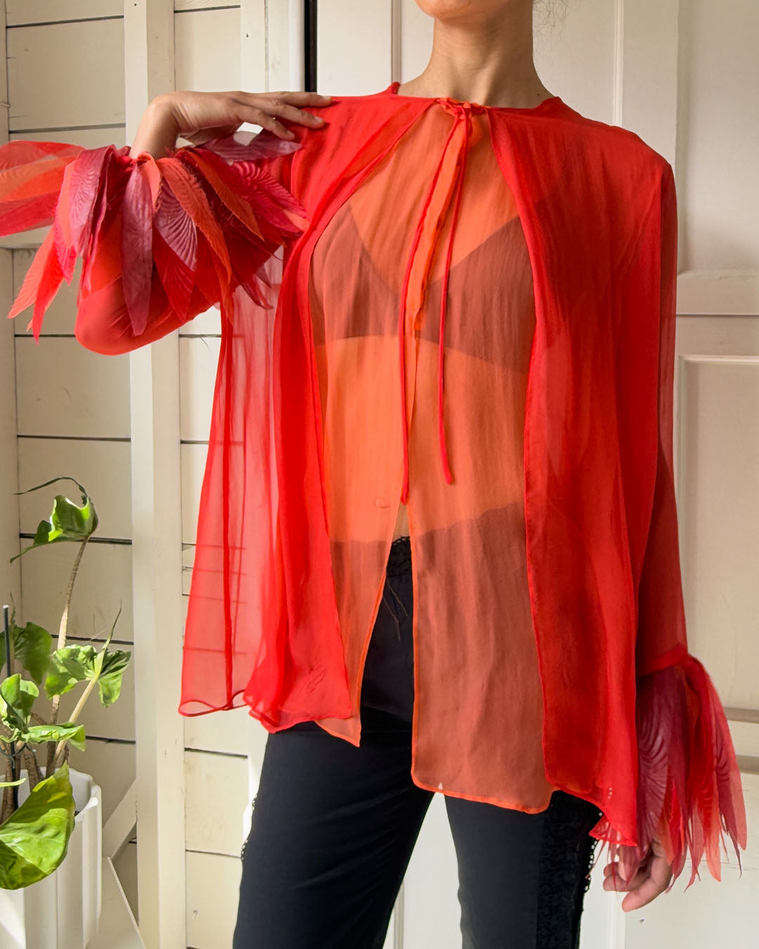 90s Sheer Silk Top With Cuffs | S