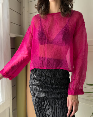 90s Sheer Fuchsia Textured Silk Top | M-L