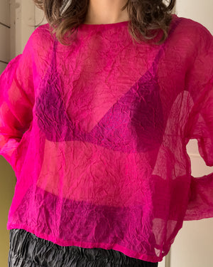90s Sheer Fuchsia Textured Silk Top | M-L