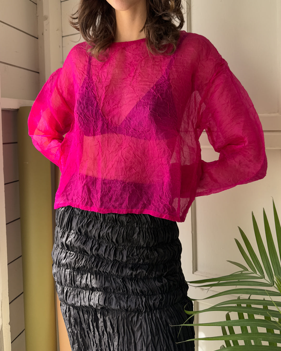 90s Sheer Fuchsia Textured Silk Top | M-L