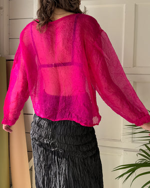 90s Sheer Fuchsia Textured Silk Top | M-L